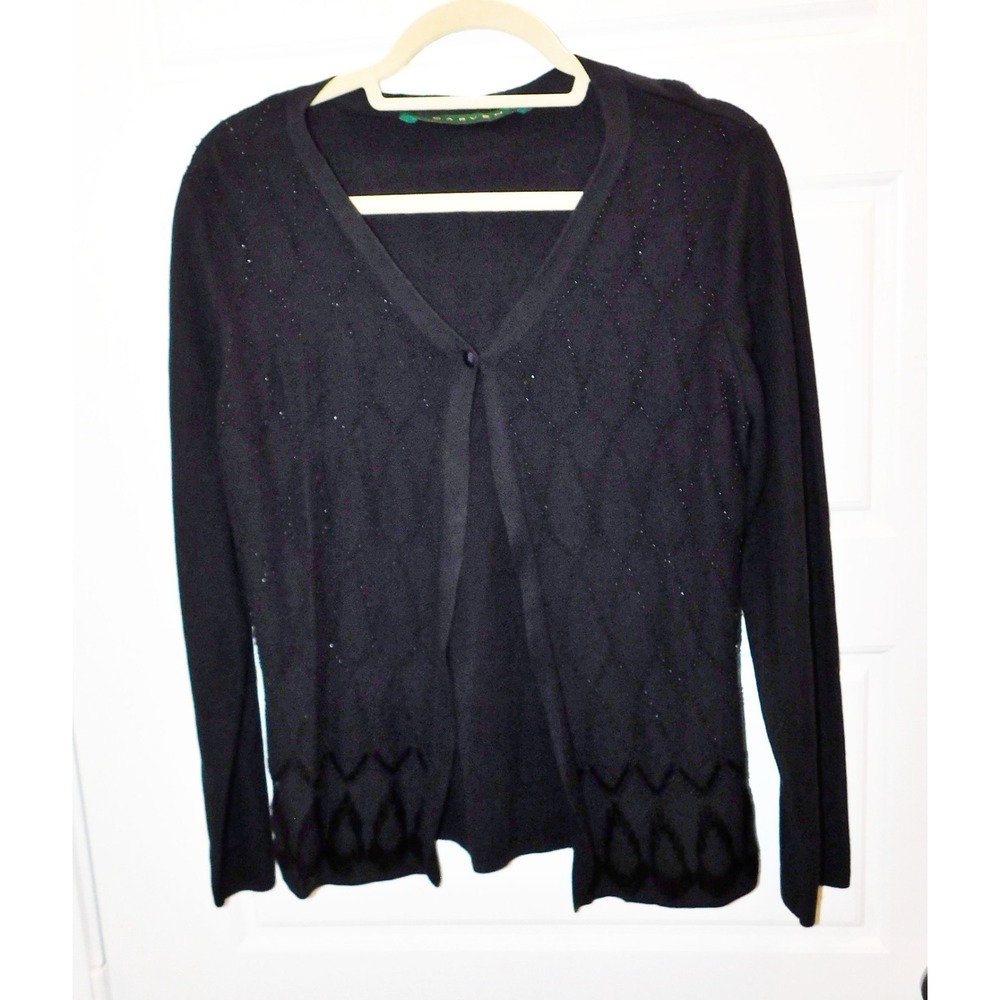 CARVEN Paris Black Beaded Ribbed‎ Knit Cardigan sz L